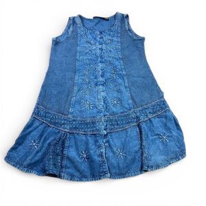 Raya Sun Embroidered Soft Denim Sundress L Boho Artsy Button Front Casual Tie